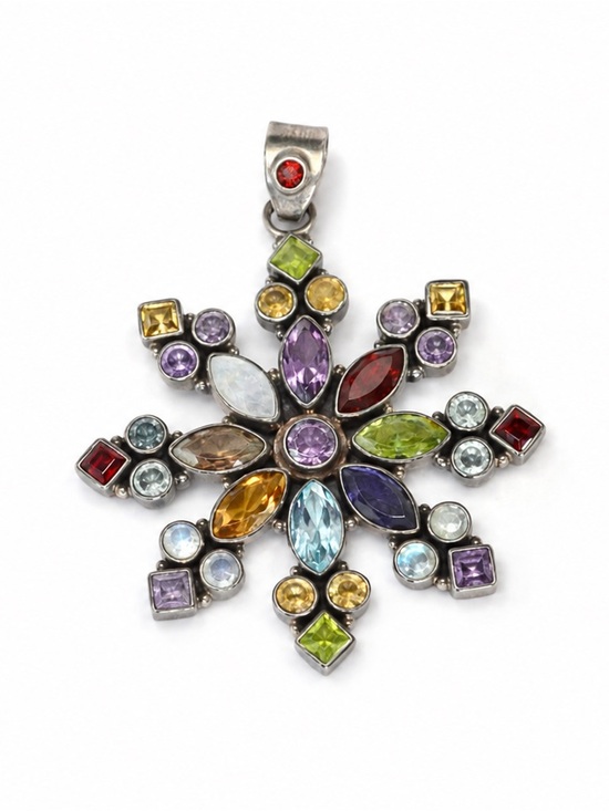 925 Sterling Silver Jewelry - VTG NEW Art Deco Sterling Silver Multi Gemstone cluster pendant LG. Starburst